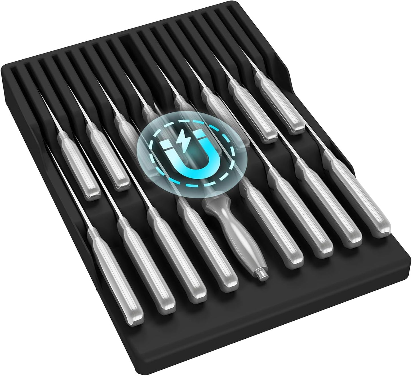 Magnetic Drawer Knife Organizers Insert Pastic for 16 Knives, Gray | Kitchen Plastic In Drawer Knife Block Slots, Steak Chefs Knives Holder Storage for 16 Knives and 1 Sharpening Steel 16.5"