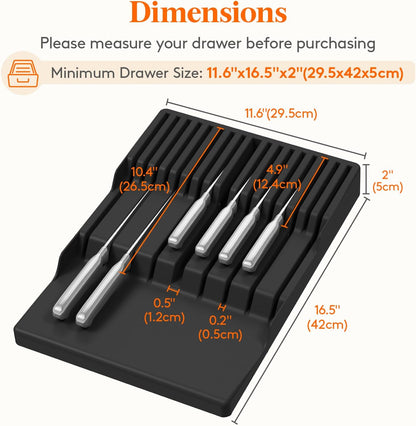 Magnetic Drawer Knife Organizers Insert Pastic for 16 Knives, Gray | Kitchen Plastic In Drawer Knife Block Slots, Steak Chefs Knives Holder Storage for 16 Knives and 1 Sharpening Steel 16.5"