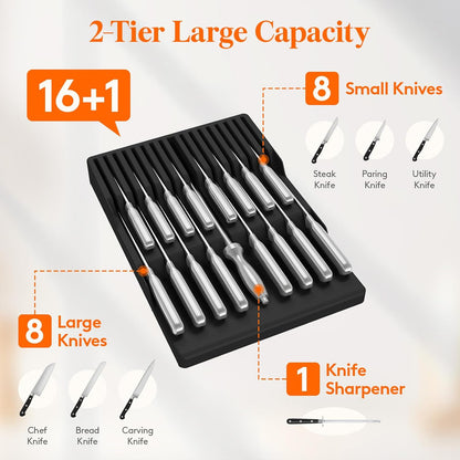 Magnetic Drawer Knife Organizers Insert Pastic for 16 Knives, Gray | Kitchen Plastic In Drawer Knife Block Slots, Steak Chefs Knives Holder Storage for 16 Knives and 1 Sharpening Steel 16.5"