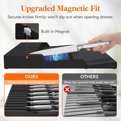Magnetic Drawer Knife Organizers Insert Pastic for 16 Knives, Gray | Kitchen Plastic In Drawer Knife Block Slots, Steak Chefs Knives Holder Storage for 16 Knives and 1 Sharpening Steel 16.5"