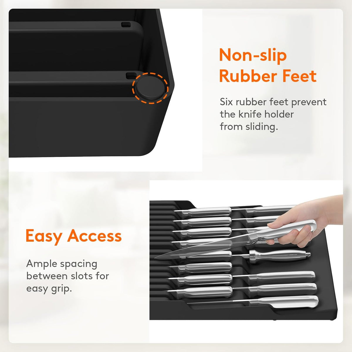 Magnetic Drawer Knife Organizers Insert Pastic for 16 Knives, Gray | Kitchen Plastic In Drawer Knife Block Slots, Steak Chefs Knives Holder Storage for 16 Knives and 1 Sharpening Steel 16.5"