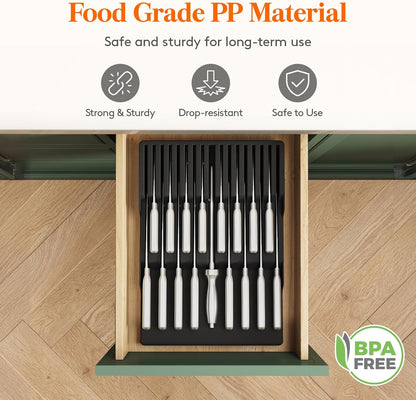 Magnetic Drawer Knife Organizers Insert Pastic for 16 Knives, Gray | Kitchen Plastic In Drawer Knife Block Slots, Steak Chefs Knives Holder Storage for 16 Knives and 1 Sharpening Steel 16.5"