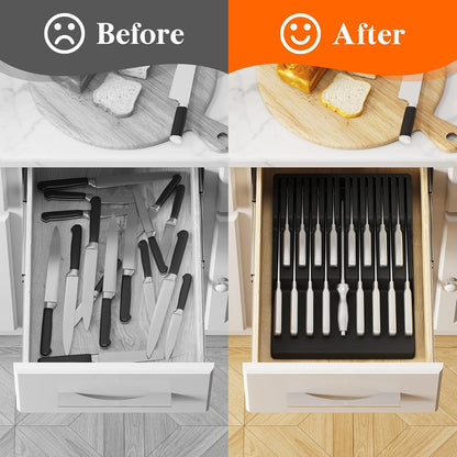 Magnetic Drawer Knife Organizers Insert Pastic for 16 Knives, Gray | Kitchen Plastic In Drawer Knife Block Slots, Steak Chefs Knives Holder Storage for 16 Knives and 1 Sharpening Steel 16.5"