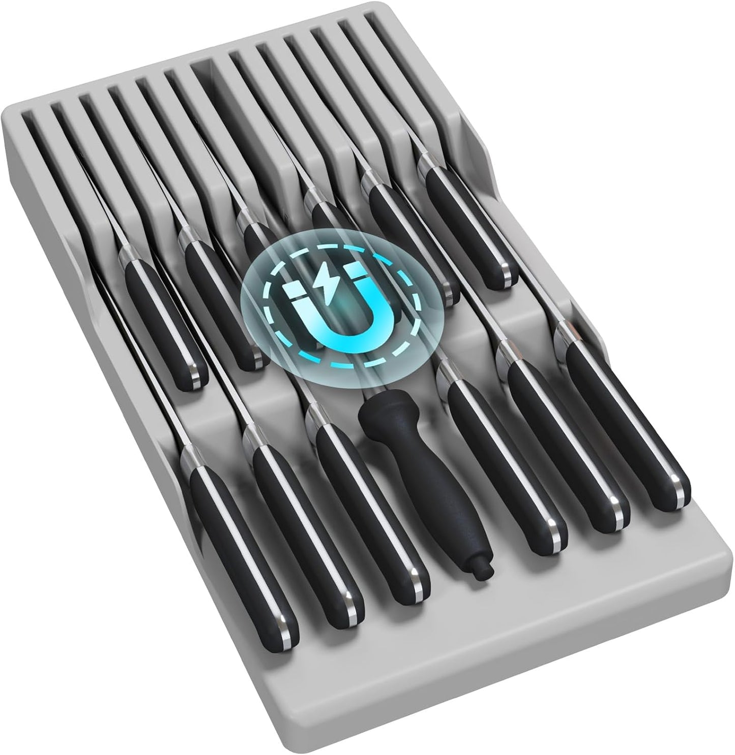 Magnetic Drawer Knife Organizers Insert Pastic for 16 Knives, Gray | Kitchen Plastic In Drawer Knife Block Slots, Steak Chefs Knives Holder Storage for 16 Knives and 1 Sharpening Steel 16.5"