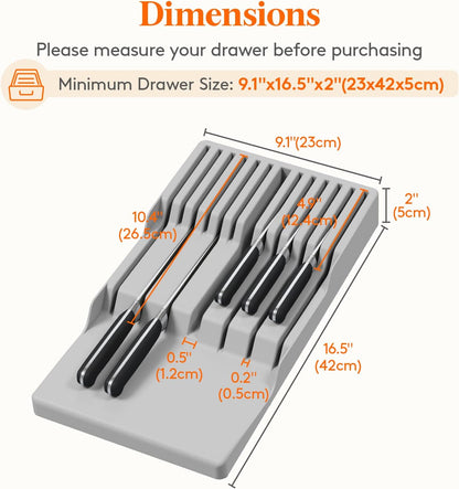 Magnetic Drawer Knife Organizers Insert Pastic for 16 Knives, Gray | Kitchen Plastic In Drawer Knife Block Slots, Steak Chefs Knives Holder Storage for 16 Knives and 1 Sharpening Steel 16.5"