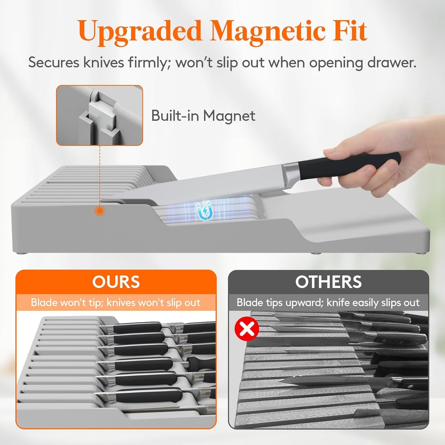 Magnetic Drawer Knife Organizers Insert Pastic for 16 Knives, Gray | Kitchen Plastic In Drawer Knife Block Slots, Steak Chefs Knives Holder Storage for 16 Knives and 1 Sharpening Steel 16.5"