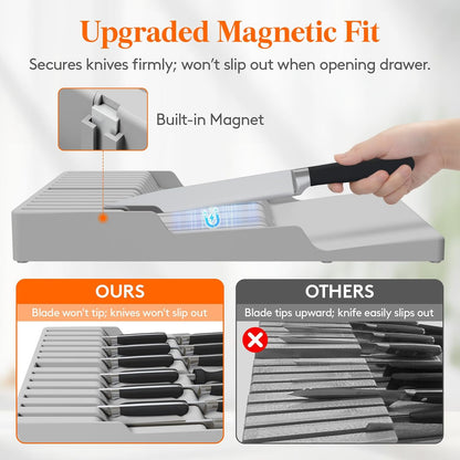 Magnetic Drawer Knife Organizers Insert Pastic for 16 Knives, Gray | Kitchen Plastic In Drawer Knife Block Slots, Steak Chefs Knives Holder Storage for 16 Knives and 1 Sharpening Steel 16.5"