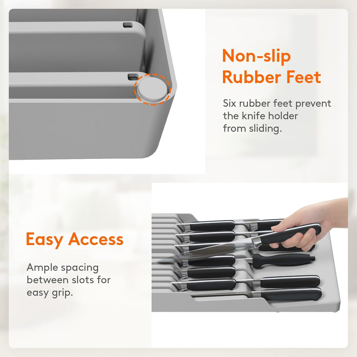 Magnetic Drawer Knife Organizers Insert Pastic for 16 Knives, Gray | Kitchen Plastic In Drawer Knife Block Slots, Steak Chefs Knives Holder Storage for 16 Knives and 1 Sharpening Steel 16.5"