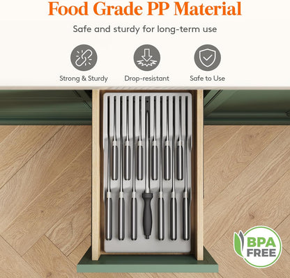 Magnetic Drawer Knife Organizers Insert Pastic for 16 Knives, Gray | Kitchen Plastic In Drawer Knife Block Slots, Steak Chefs Knives Holder Storage for 16 Knives and 1 Sharpening Steel 16.5"
