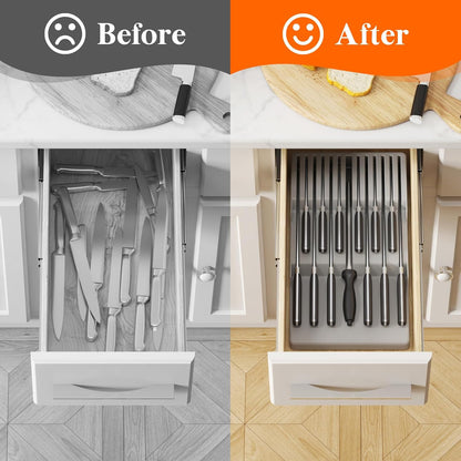 Magnetic Drawer Knife Organizers Insert Pastic for 16 Knives, Gray | Kitchen Plastic In Drawer Knife Block Slots, Steak Chefs Knives Holder Storage for 16 Knives and 1 Sharpening Steel 16.5"