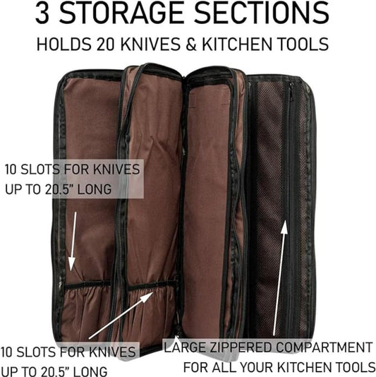 Chef Knife Bag Holds 20 Knives PLUS Large Zippered Compartment for Kitchen Tools – Durable, Large Knife Bag for Chefs – Professional Grade and makes a great gift!