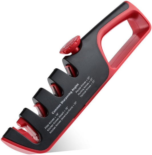 4-in-1 Manual Knife Sharpener – Best Kitchen Knife Sharpener with Tungsten Carbide & Ceramic Stones for All Knives & Scissors | Non-Slip, Adjustable Angle, Knife Sharpening Kit for Home Chefs