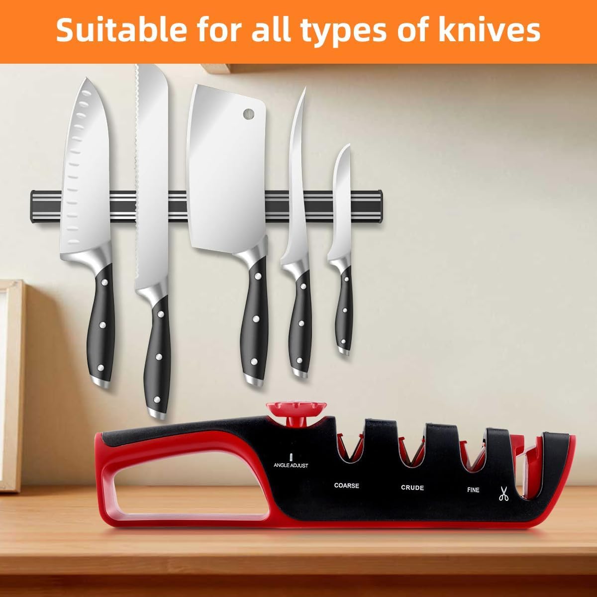 4-in-1 Manual Knife Sharpener – Best Kitchen Knife Sharpener with Tungsten Carbide & Ceramic Stones for All Knives & Scissors | Non-Slip, Adjustable Angle, Knife Sharpening Kit for Home Chefs