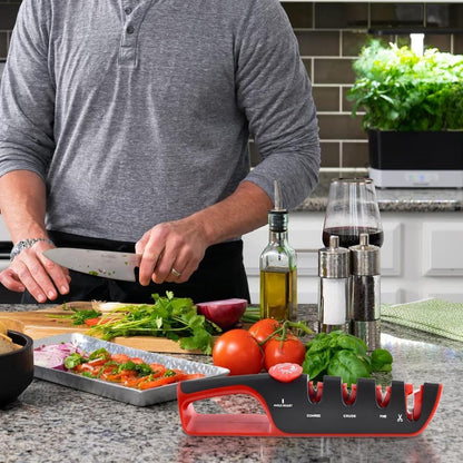 4-in-1 Manual Knife Sharpener – Best Kitchen Knife Sharpener with Tungsten Carbide & Ceramic Stones for All Knives & Scissors | Non-Slip, Adjustable Angle, Knife Sharpening Kit for Home Chefs
