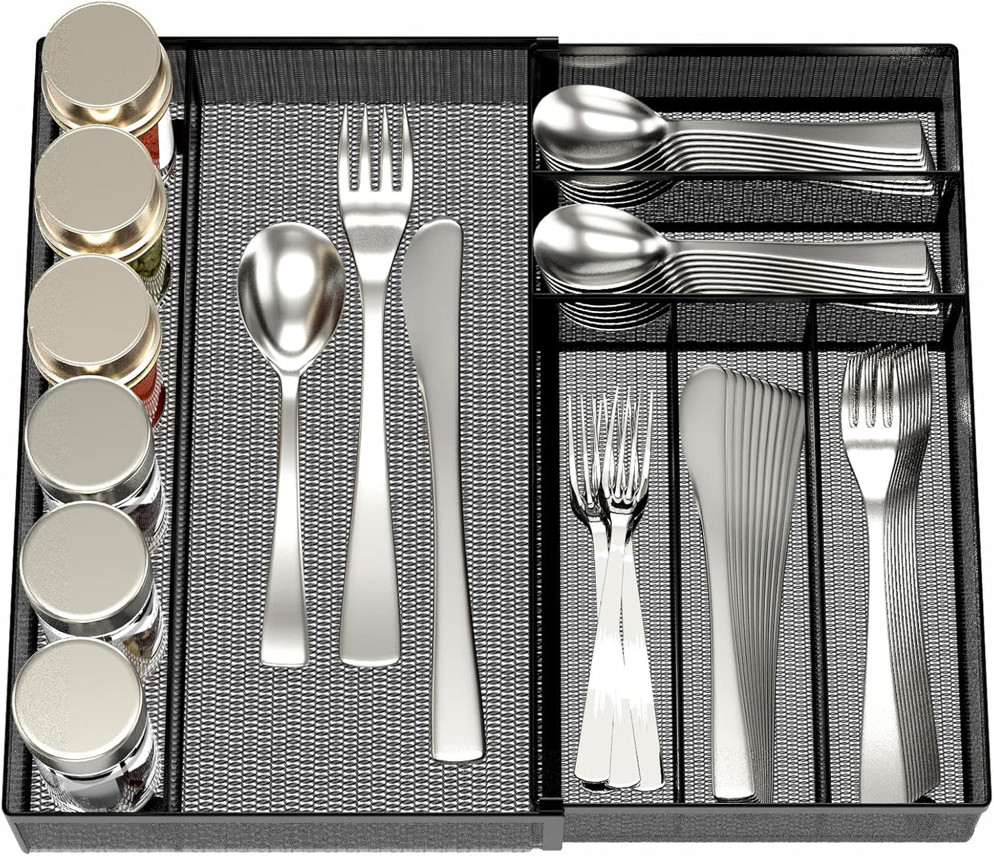 Utensil Drawer Organizer - Expandable Cutlery Tray, Silverware/Flatware Storage Divider for Kitchen, Mesh Designing with Non-slip Rubber Feet (black)