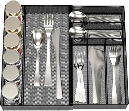 Utensil Drawer Organizer - Expandable Cutlery Tray, Silverware/Flatware Storage Divider for Kitchen, Mesh Designing with Non-slip Rubber Feet (black)