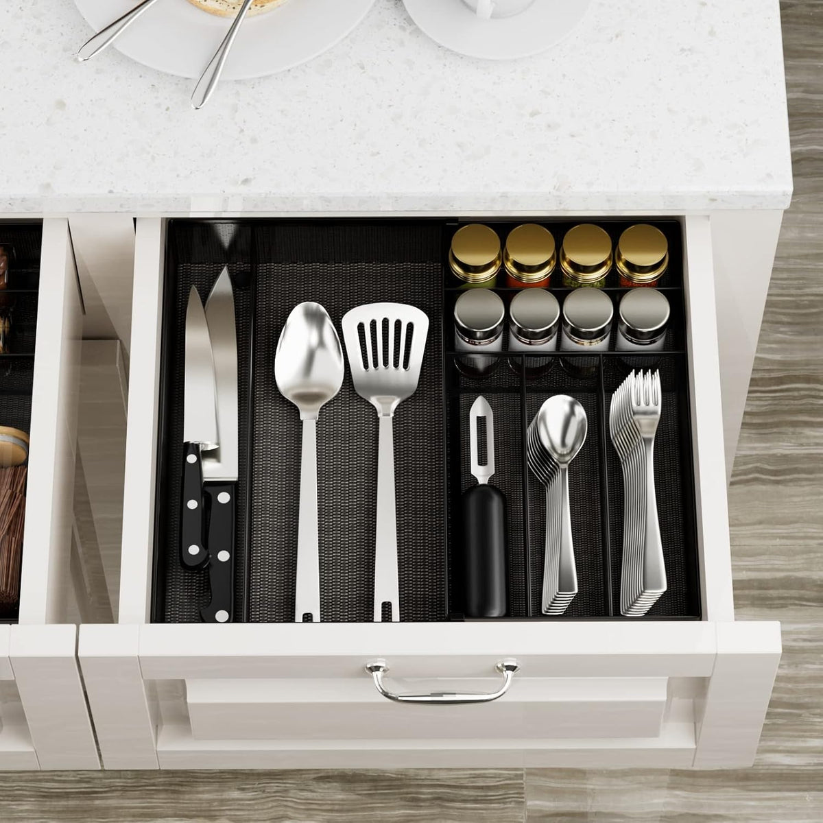 Utensil Drawer Organizer - Expandable Cutlery Tray, Silverware/Flatware Storage Divider for Kitchen, Mesh Designing with Non-slip Rubber Feet (black)