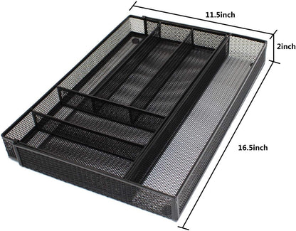 Utensil Drawer Organizer - Expandable Cutlery Tray, Silverware/Flatware Storage Divider for Kitchen, Mesh Designing with Non-slip Rubber Feet (black)