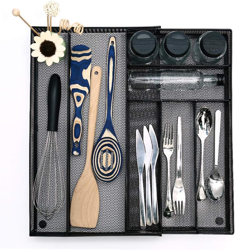 Utensil Drawer Organizer - Expandable Cutlery Tray, Silverware/Flatware Storage Divider for Kitchen, Mesh Designing with Non-slip Rubber Feet (black)