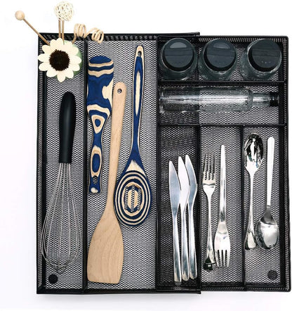 Utensil Drawer Organizer - Expandable Cutlery Tray, Silverware/Flatware Storage Divider for Kitchen, Mesh Designing with Non-slip Rubber Feet (black)