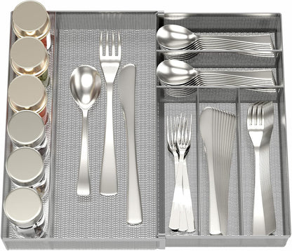 Utensil Drawer Organizer - Expandable Cutlery Tray, Silverware/Flatware Storage Divider for Kitchen, Mesh Designing with Non-slip Rubber Feet (black)
