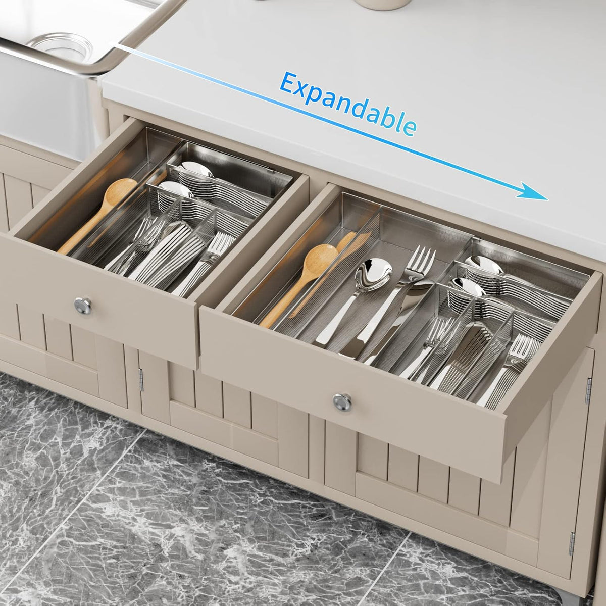 Utensil Drawer Organizer - Expandable Cutlery Tray, Silverware/Flatware Storage Divider for Kitchen, Mesh Designing with Non-slip Rubber Feet (black)