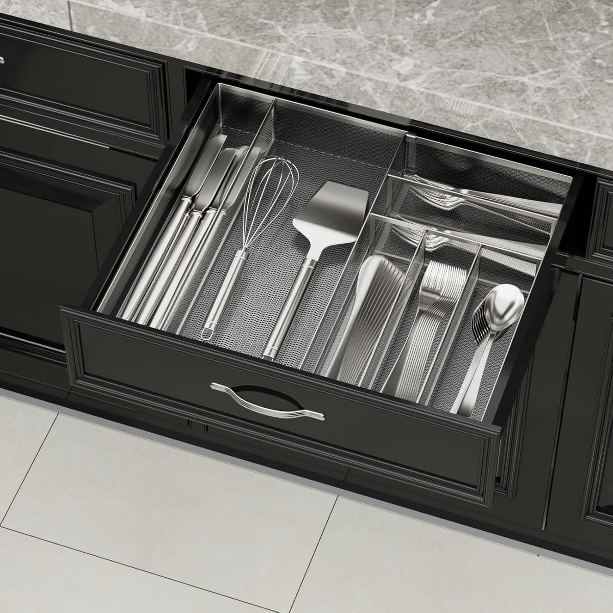 Utensil Drawer Organizer - Expandable Cutlery Tray, Silverware/Flatware Storage Divider for Kitchen, Mesh Designing with Non-slip Rubber Feet (black)