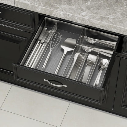 Utensil Drawer Organizer - Expandable Cutlery Tray, Silverware/Flatware Storage Divider for Kitchen, Mesh Designing with Non-slip Rubber Feet (black)