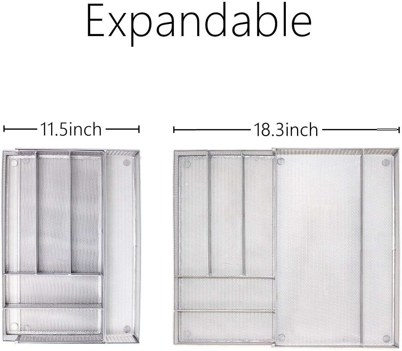 Utensil Drawer Organizer - Expandable Cutlery Tray, Silverware/Flatware Storage Divider for Kitchen, Mesh Designing with Non-slip Rubber Feet (black)