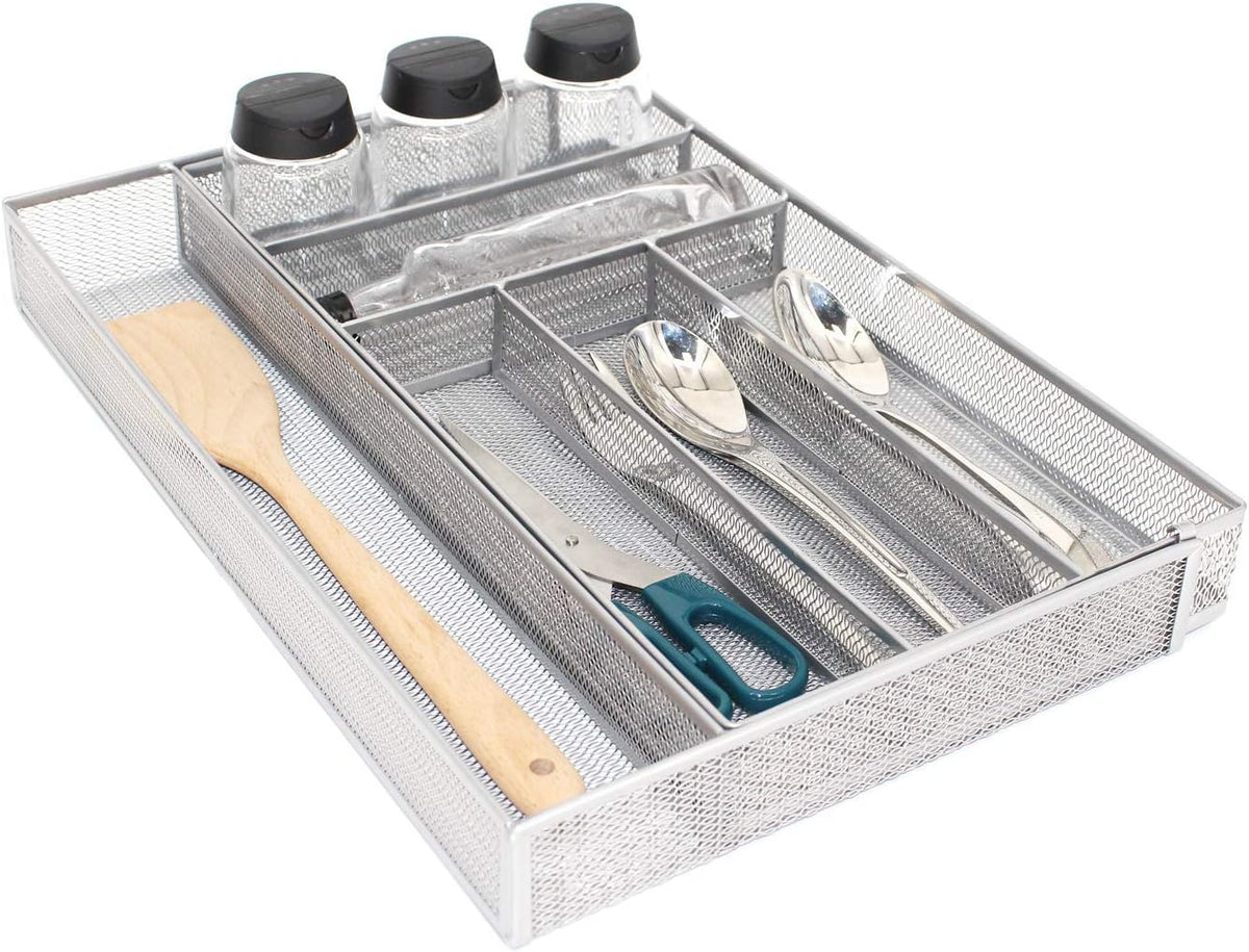 Utensil Drawer Organizer - Expandable Cutlery Tray, Silverware/Flatware Storage Divider for Kitchen, Mesh Designing with Non-slip Rubber Feet (black)