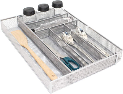 Utensil Drawer Organizer - Expandable Cutlery Tray, Silverware/Flatware Storage Divider for Kitchen, Mesh Designing with Non-slip Rubber Feet (black)