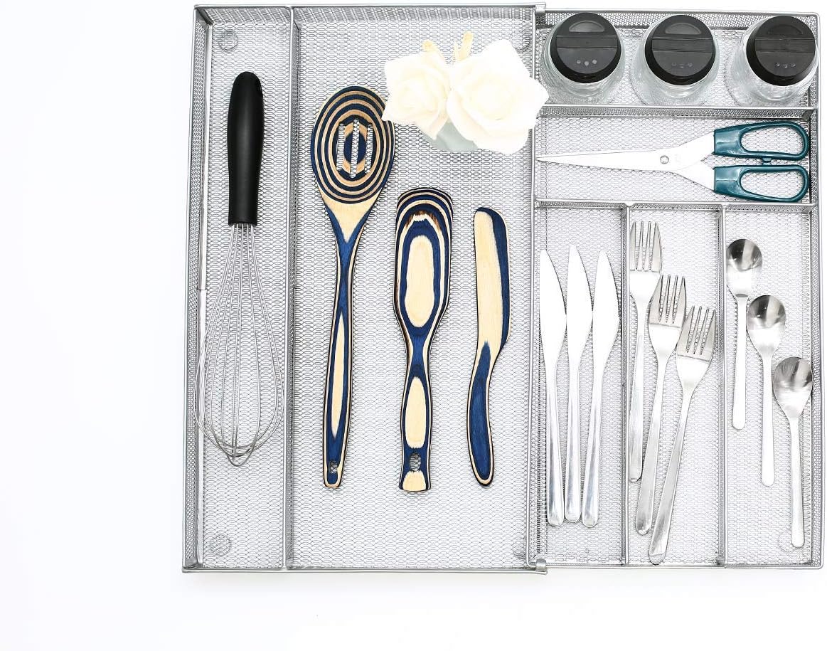 Utensil Drawer Organizer - Expandable Cutlery Tray, Silverware/Flatware Storage Divider for Kitchen, Mesh Designing with Non-slip Rubber Feet (black)
