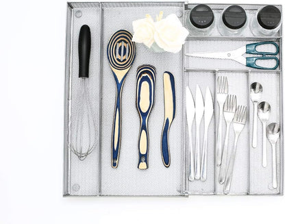 Utensil Drawer Organizer - Expandable Cutlery Tray, Silverware/Flatware Storage Divider for Kitchen, Mesh Designing with Non-slip Rubber Feet (black)