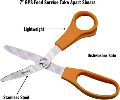 GPS 7"" Take Apart Kitchen Safety Shears, Orange Handle, Food Grade, Stainless Steel, Used For Chicken/Poultry/Fish/Meat/Vegetables and More