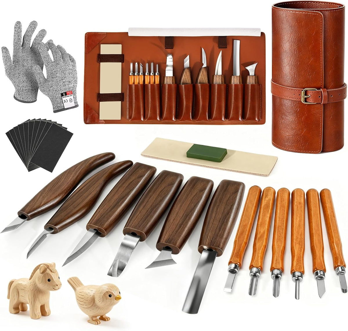 Wood Carving Tools, 17Pcs Wood Carving Kit with PU Storage Bag with 6Pcs Whittling Knives & 5 Detail Carving Knives for Adults Carving DIY