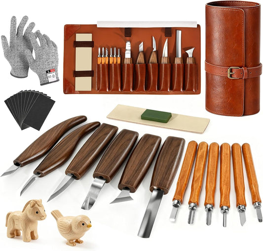 Wood Carving Tools, 17Pcs Wood Carving Kit with PU Storage Bag with 6Pcs Whittling Knives & 5 Detail Carving Knives for Adults Carving DIY