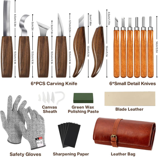 Wood Carving Tools, 17Pcs Wood Carving Kit with PU Storage Bag with 6Pcs Whittling Knives & 5 Detail Carving Knives for Adults Carving DIY