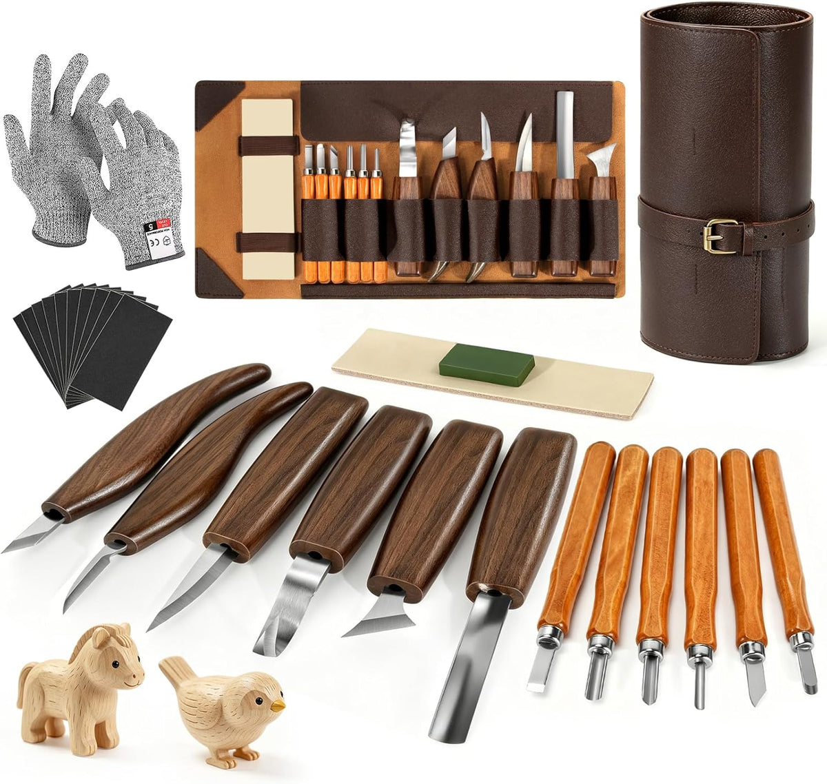 Wood Carving Tools, 17Pcs Wood Carving Kit with PU Storage Bag with 6Pcs Whittling Knives & 5 Detail Carving Knives for Adults Carving DIY