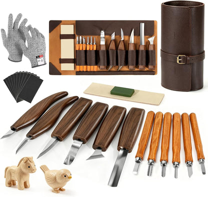 Wood Carving Tools, 17Pcs Wood Carving Kit with PU Storage Bag with 6Pcs Whittling Knives & 5 Detail Carving Knives for Adults Carving DIY