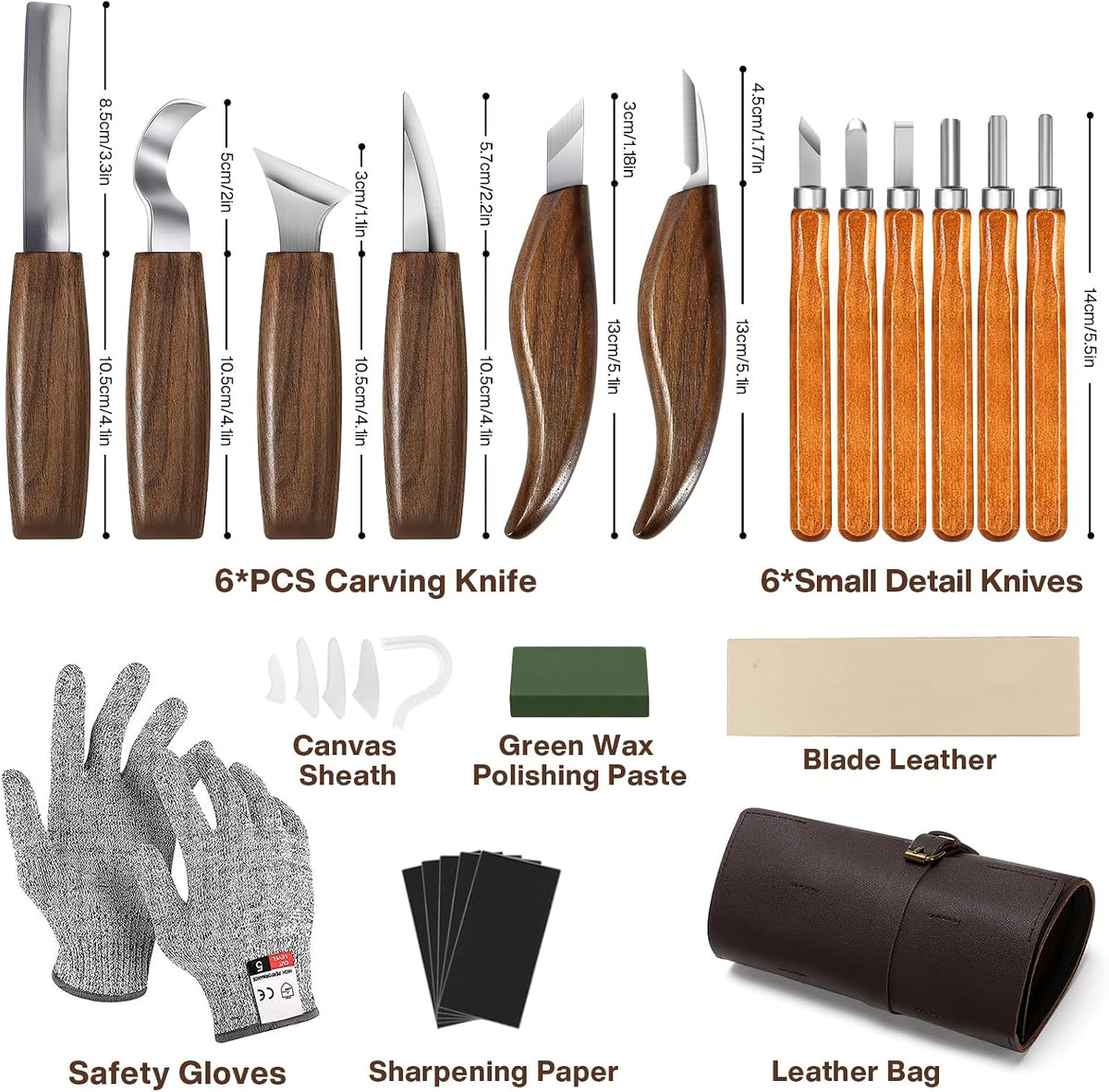 Wood Carving Tools, 17Pcs Wood Carving Kit with PU Storage Bag with 6Pcs Whittling Knives & 5 Detail Carving Knives for Adults Carving DIY