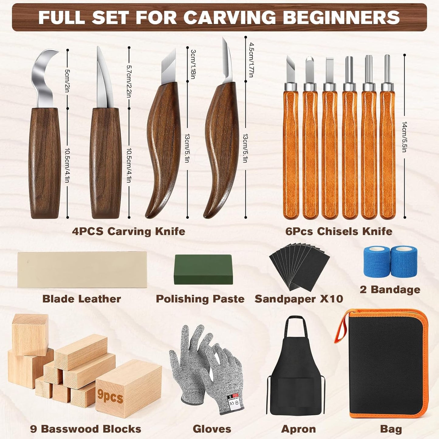 Wood Carving Tools, 17Pcs Wood Carving Kit with PU Storage Bag with 6Pcs Whittling Knives & 5 Detail Carving Knives for Adults Carving DIY
