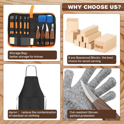 Wood Carving Tools, 17Pcs Wood Carving Kit with PU Storage Bag with 6Pcs Whittling Knives & 5 Detail Carving Knives for Adults Carving DIY