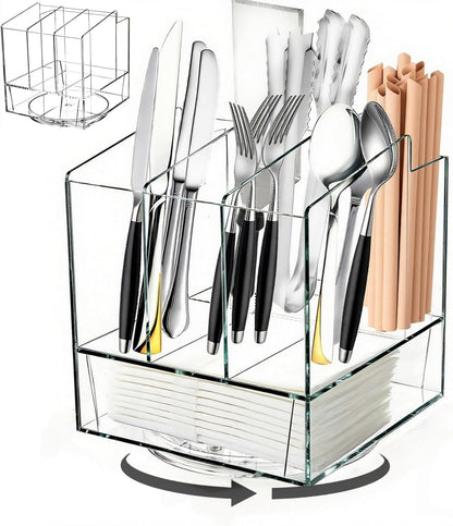 Acrylic Utensil Holder 360 Rotating, 2 Tier Silverware Organizer with Napkin Storage, Space Saving Countertop Caddy for Kitchen Table, Party, Holds Forks, Spoons, Knives, Napkins, 6.7''x7.8''