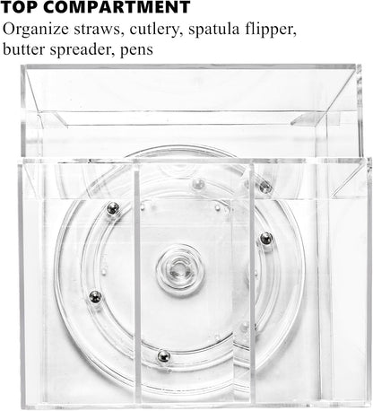 Acrylic Utensil Holder 360 Rotating, 2 Tier Silverware Organizer with Napkin Storage, Space Saving Countertop Caddy for Kitchen Table, Party, Holds Forks, Spoons, Knives, Napkins, 6.7''x7.8''