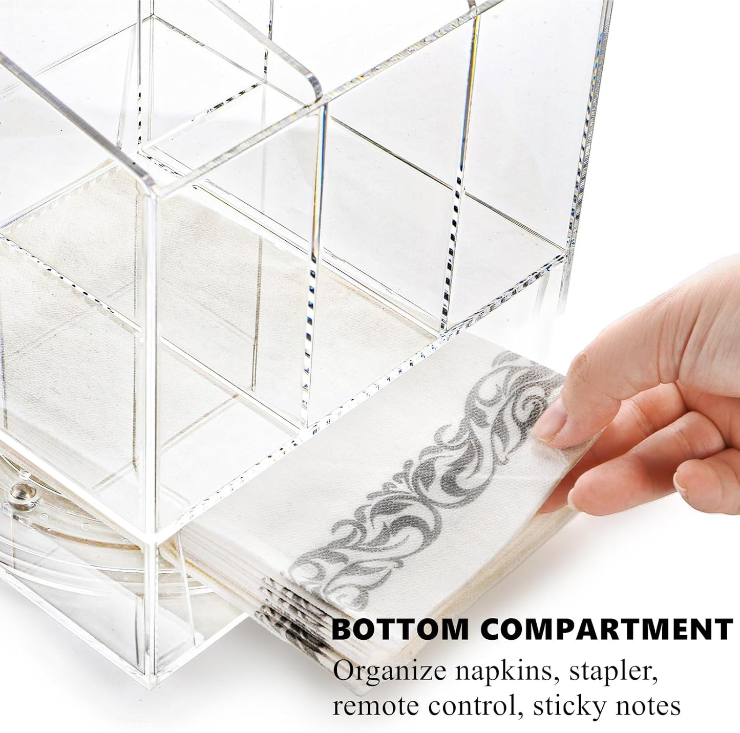 Acrylic Utensil Holder 360 Rotating, 2 Tier Silverware Organizer with Napkin Storage, Space Saving Countertop Caddy for Kitchen Table, Party, Holds Forks, Spoons, Knives, Napkins, 6.7''x7.8''