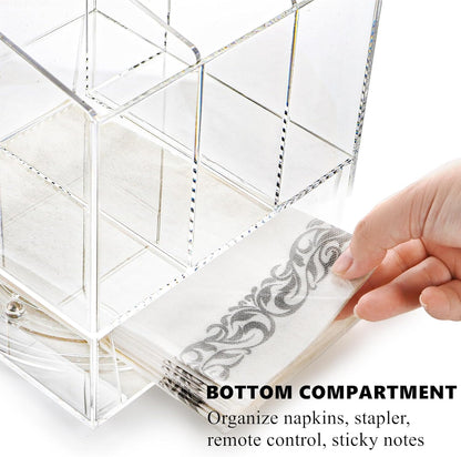Acrylic Utensil Holder 360 Rotating, 2 Tier Silverware Organizer with Napkin Storage, Space Saving Countertop Caddy for Kitchen Table, Party, Holds Forks, Spoons, Knives, Napkins, 6.7''x7.8''