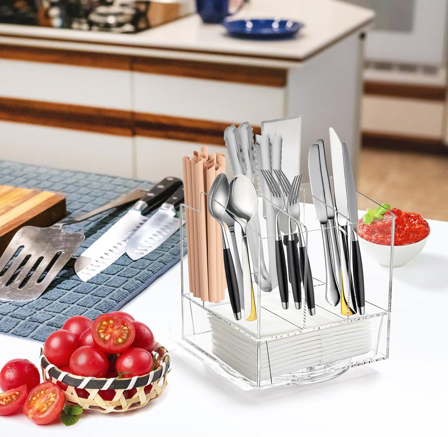Acrylic Utensil Holder 360 Rotating, 2 Tier Silverware Organizer with Napkin Storage, Space Saving Countertop Caddy for Kitchen Table, Party, Holds Forks, Spoons, Knives, Napkins, 6.7''x7.8''