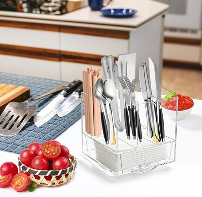 Acrylic Utensil Holder 360 Rotating, 2 Tier Silverware Organizer with Napkin Storage, Space Saving Countertop Caddy for Kitchen Table, Party, Holds Forks, Spoons, Knives, Napkins, 6.7''x7.8''