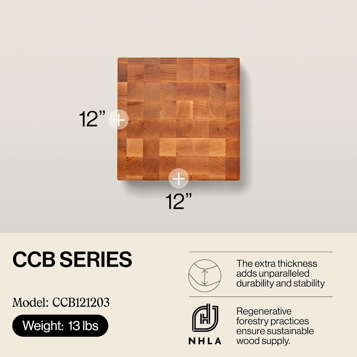 CCB Series Square Wooden Maple Cutting Board 12”x12” – 3” Thick, 13-lb Reversible Butcher Block with End-Grain & Finger Grips – Made in the USA