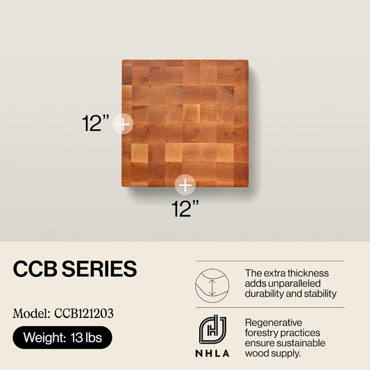 CCB Series Square Wooden Maple Cutting Board 12”x12” – 3” Thick, 13-lb Reversible Butcher Block with End-Grain & Finger Grips – Made in the USA